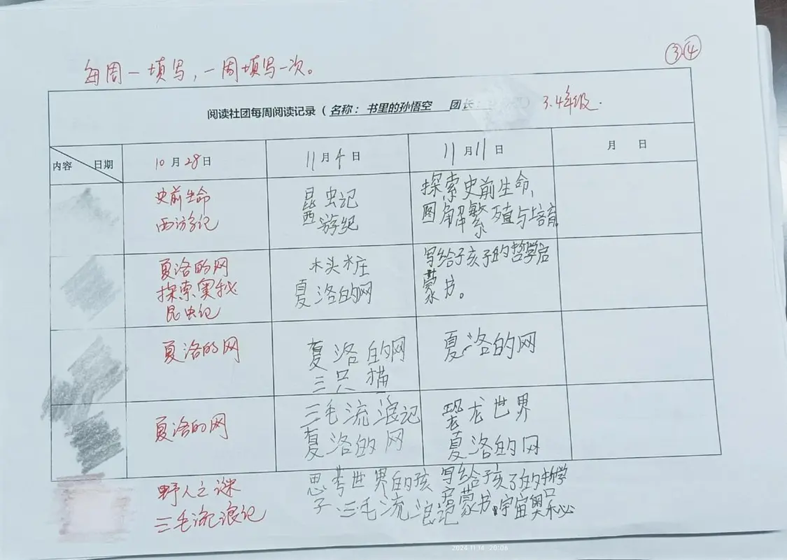 校内阅读社团的阅读记录
